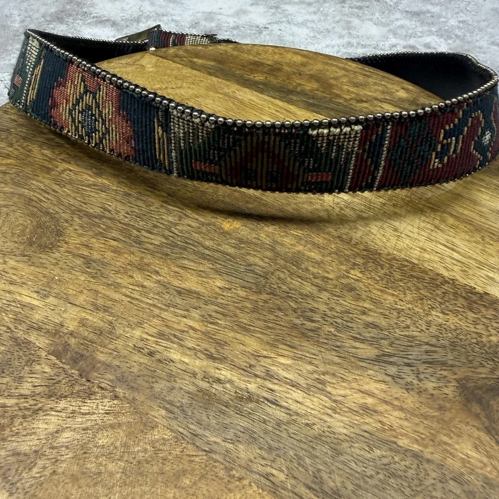 Beaded Leather Belt Womens SM Multicolor Southwestern Boho Wide Buckle 26-30 WT